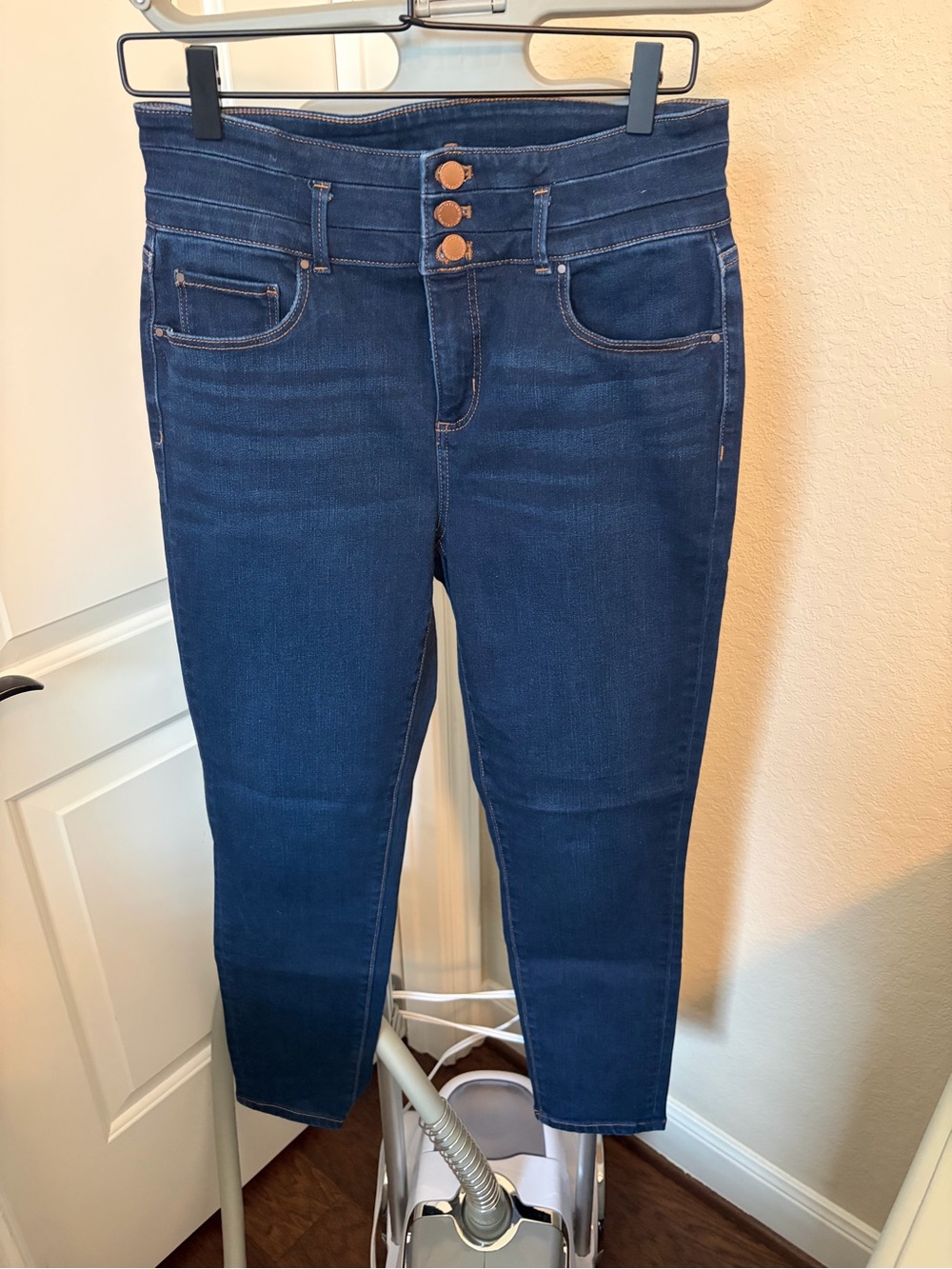 Ann Taylor Dark Blue High-Rise Ankle Jeans with Triple Button